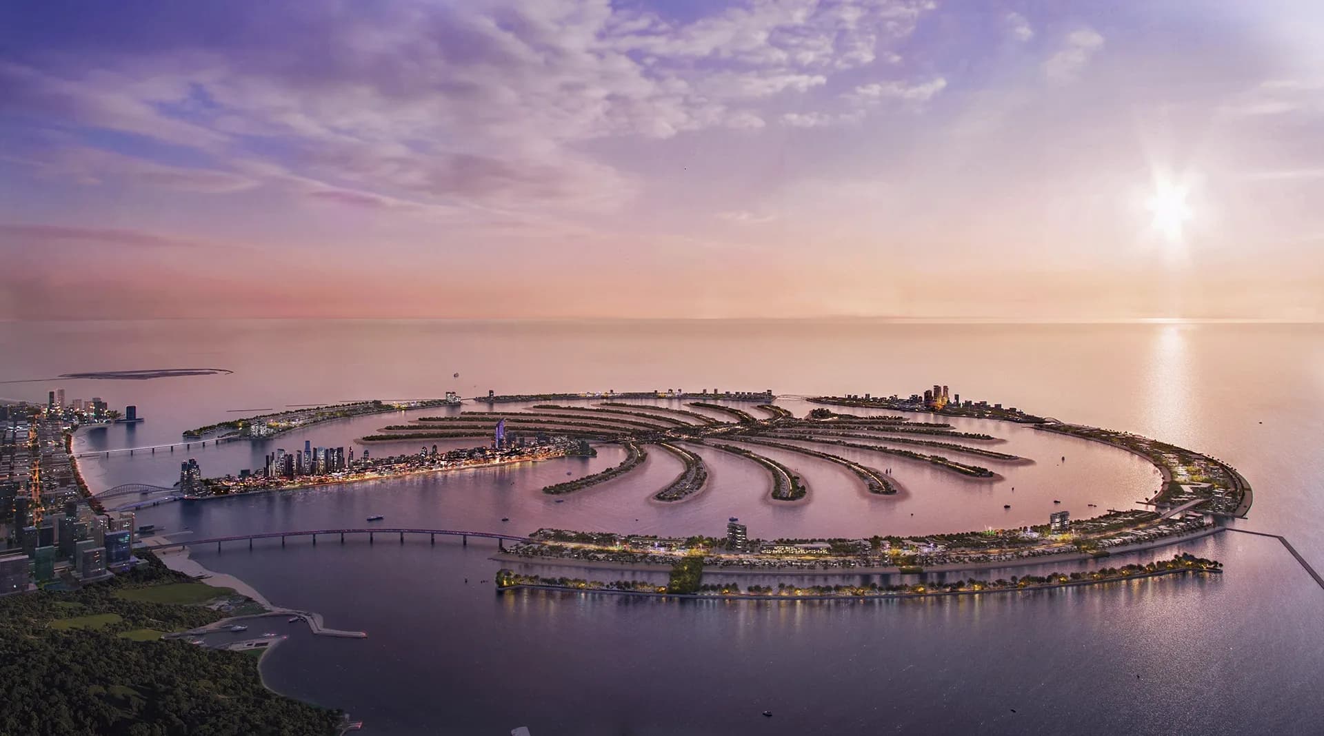 Aerial rendering of the Palm Jebel Ali masterplan in the Arabian Gulf